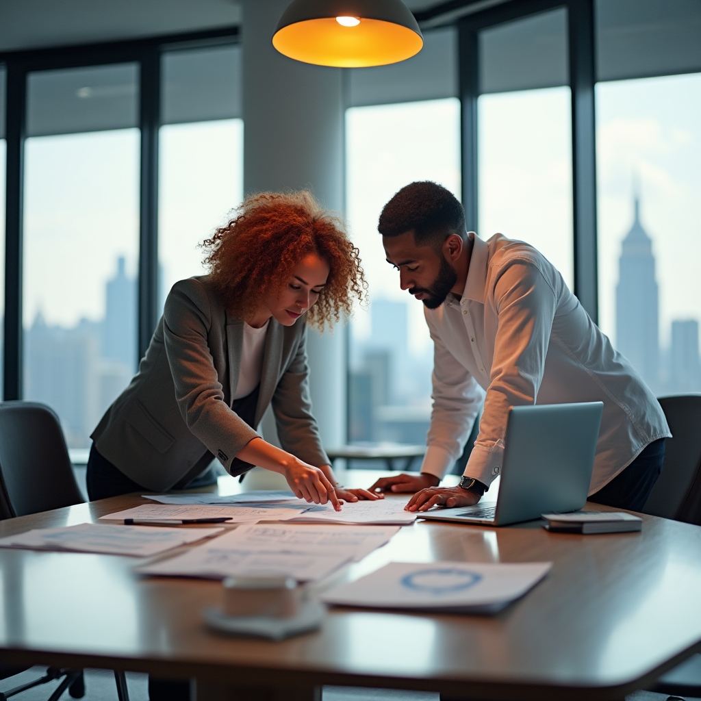 Team che lavora su strumenti di pianificazione finanziaria in ufficio luminoso